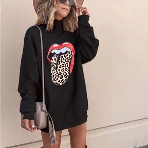 Black Leopard Tongue Sweatshirt Long Sleeve Dress